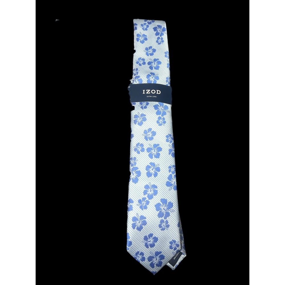 IZOD Extra Long Tie Light Blue White Hibiscus Floral Tropical Stripe Silk Blend